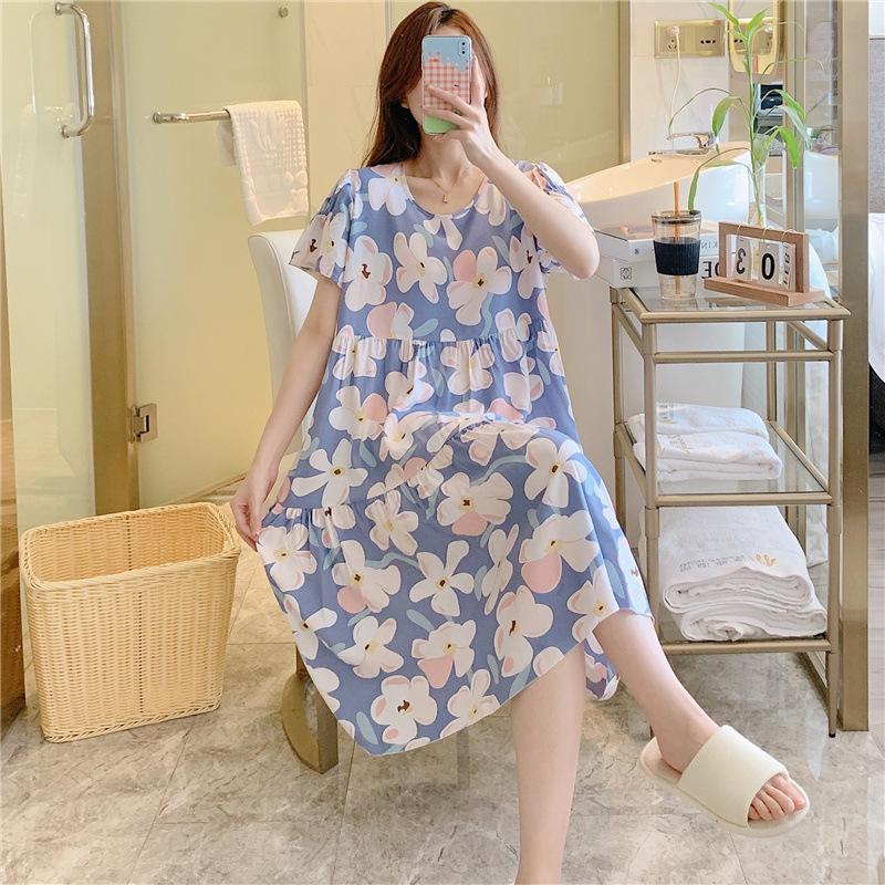 Cotton and silk nightgown women's spring and autumn casual short-sleeved large-size printed pajamas summer thin high-end cotton loungewear