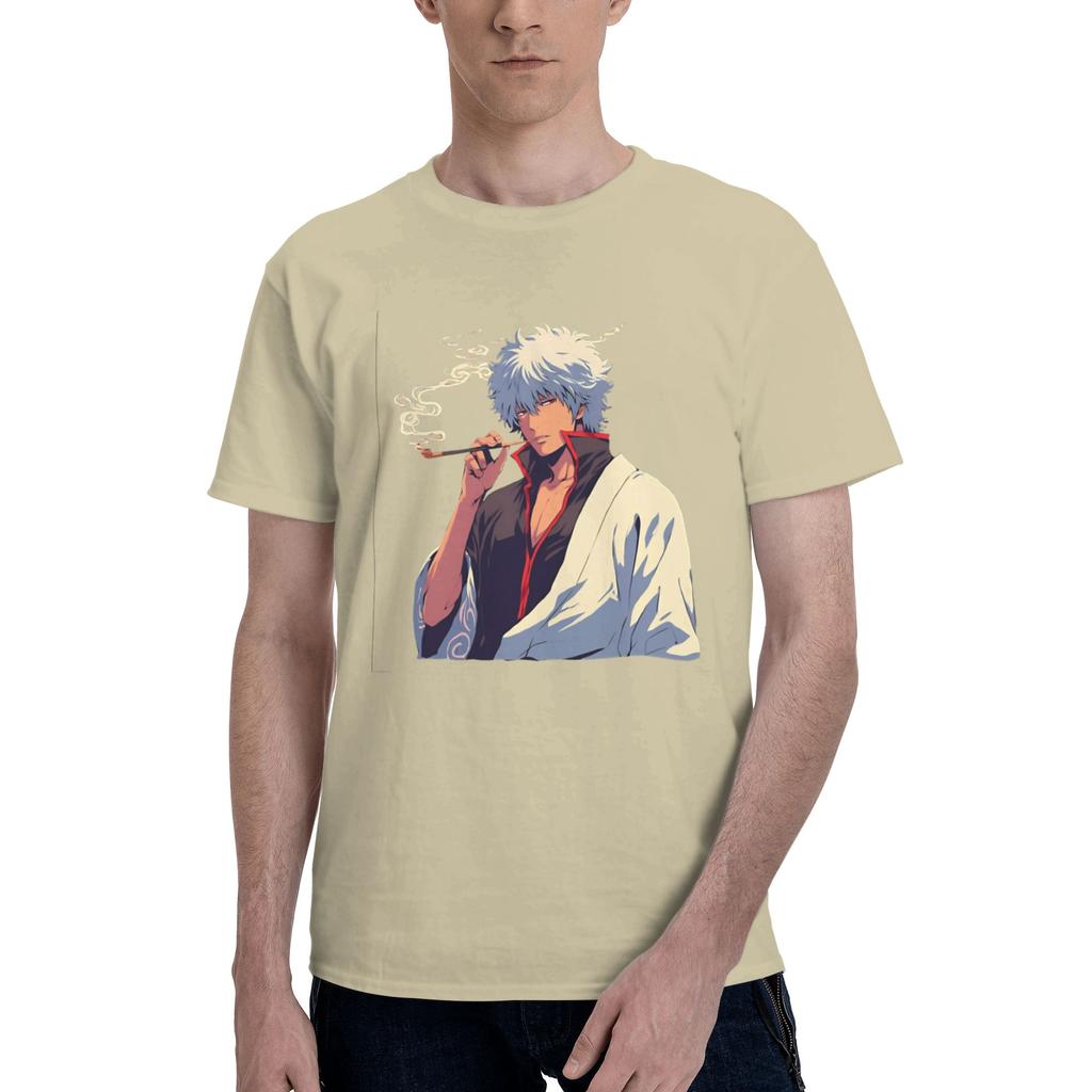 Classic Gintoki Character Men T Shirts Gintama Casual Tee Shirt Short Sleeve Crew Neck Pure Cotton Graphic Tops TShirt