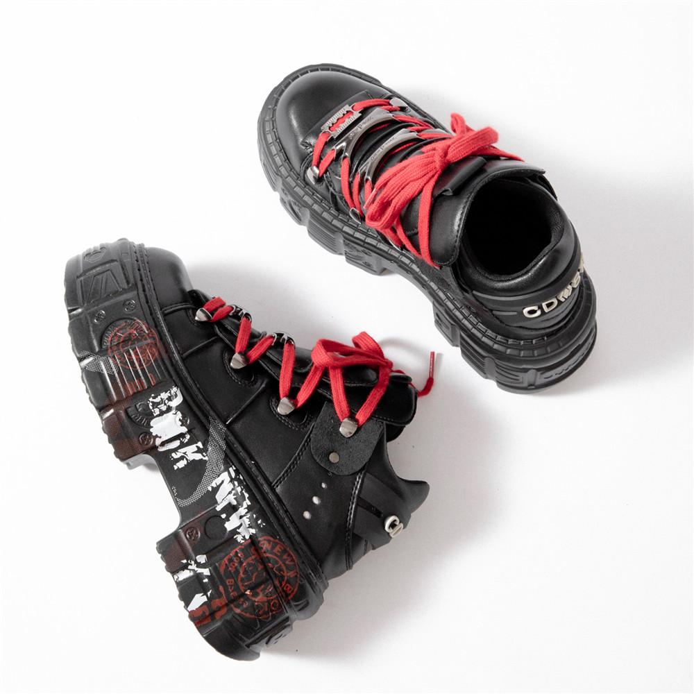 Stivaletti da Donna per Donna con Lacci Punta Tonda Fondo Spesso Botas Mujer Punk Decorazione Metallica Graffiti Scarpe con Plateau