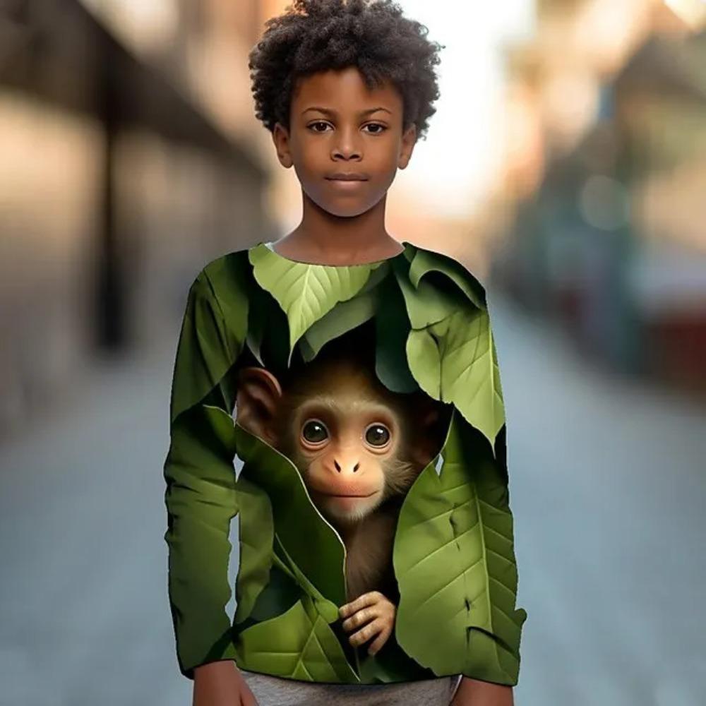 Children's Cute Animal Series 3D Digital Printed Boy Hip Hop Personality Round Neck Long Sleeved T-shirt