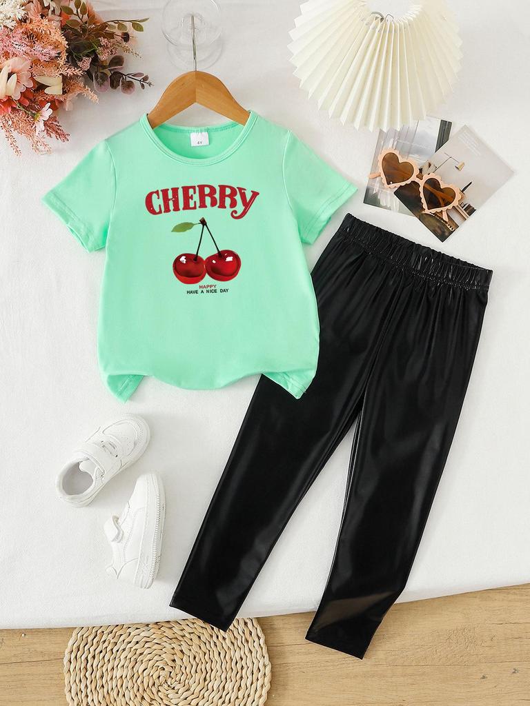 Summer Girls' Fashionable Two-Piece Clothing Set: Short Sleeve Top & Printed Long Pants