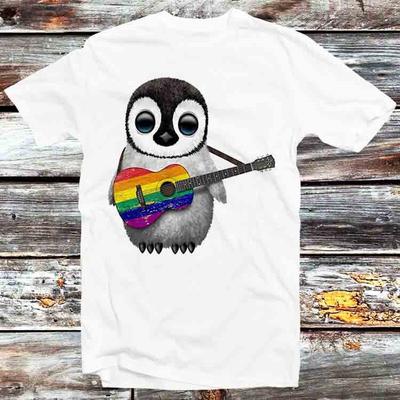 Baby Penguin Playing Guitar Gay Pride LGBT Rainbow T Shirt Mens Womens Tees Top B568
