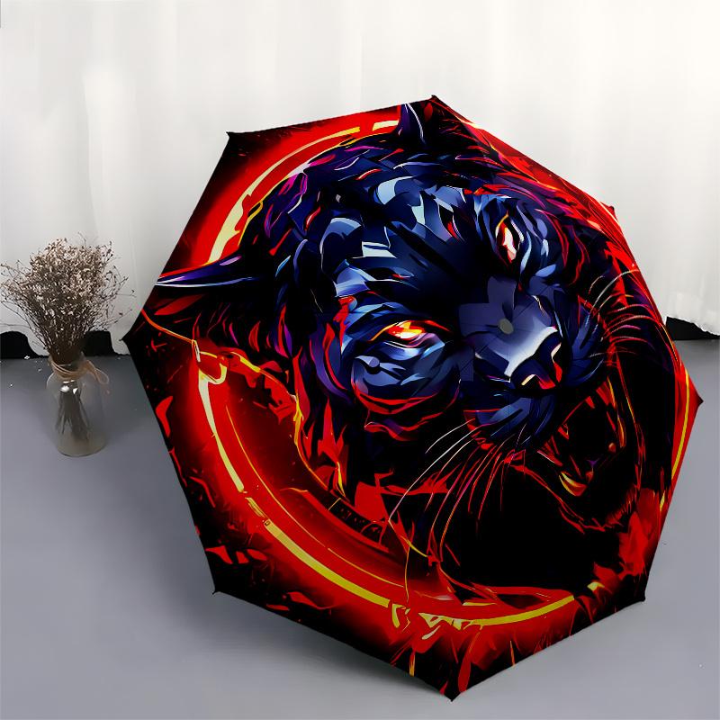 Tiger, Fire Automatic Folding Umbrella  8 Ribs, Durable Iron Frame, Bright Color Pattern Compact Travel Umbrella, Suitable for Outdoor, Beac