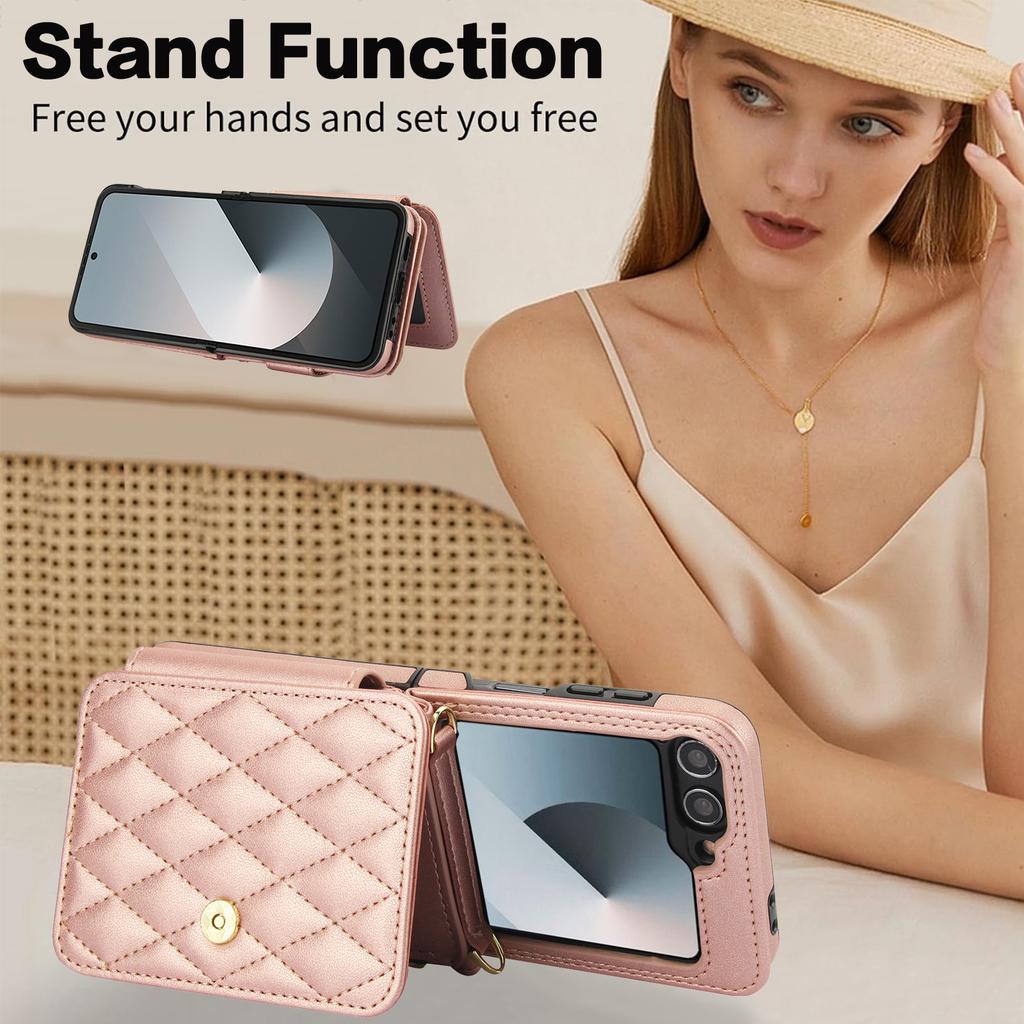 Crossbody Zipper Cards Solt Wallet Leather Case for Samsung Galaxy Z Flip 7 FE 6 5 4 Grid Pattern Flip6 Flip5 Long Lanyard Cover