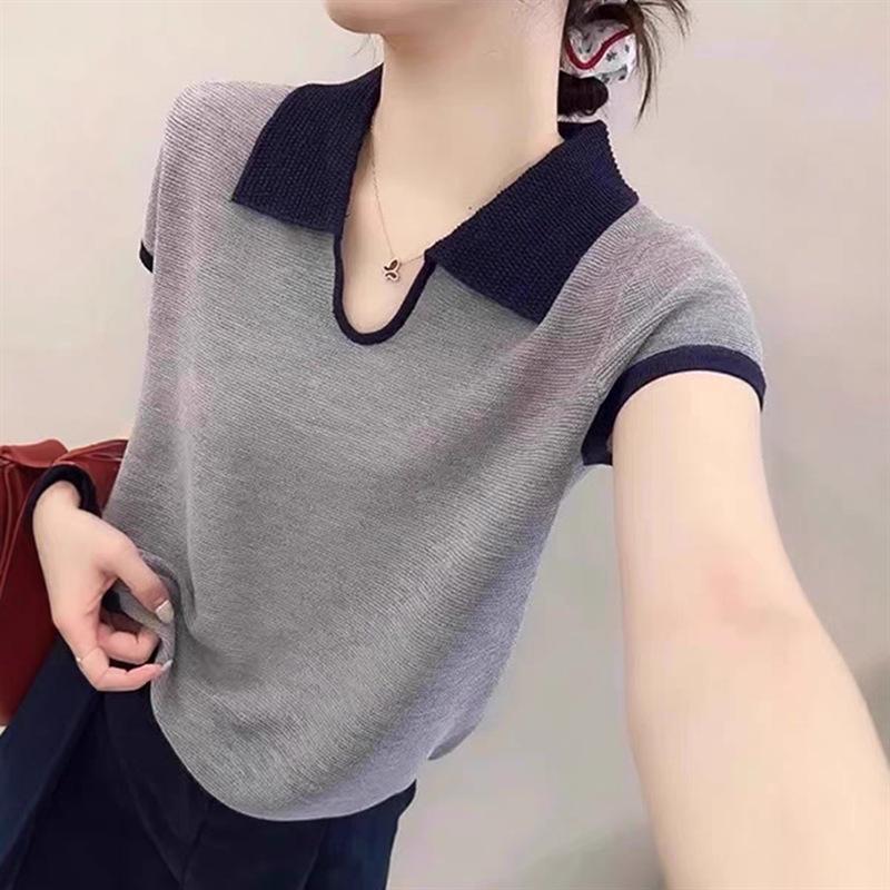 Korean Style Color-Block Polo Collar Knit Cropped T-Shirt