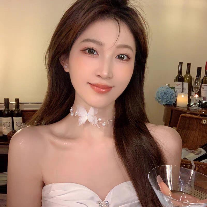 Korean Butterfly Imitation Pearl Chain Choker Necklace Fairy Butterfly Layered Pearl Clavicle Chain Necklaces Women Jewelry