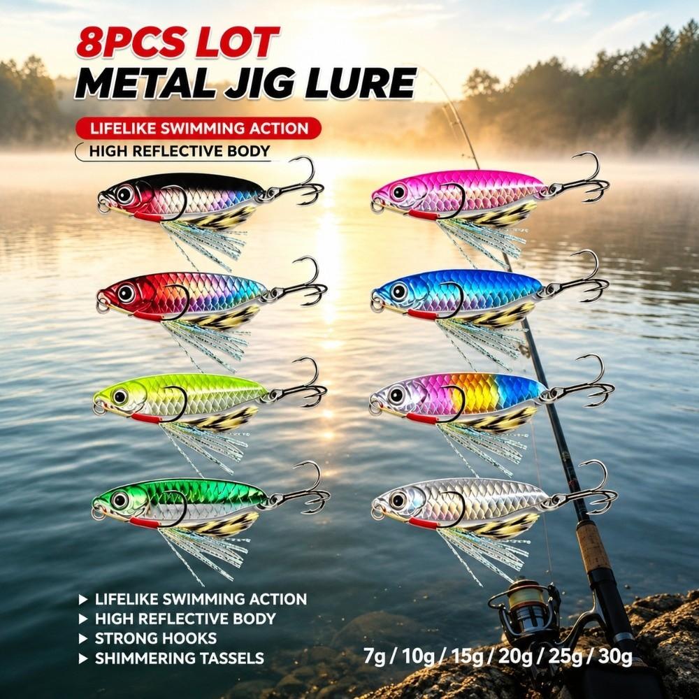 8Pcs Set 7g/10g/15g/20g/25g/30g Slow Sinking Jig Sharp Hooks Fishing Bait Lure  Shore Jigging