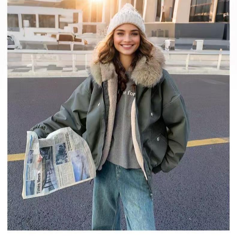 Zaoshan Carving Winter Cotton Jacket New Fleece Thickened Large Fur Collar Couple Pie Overcomes Short Cotton Jacket