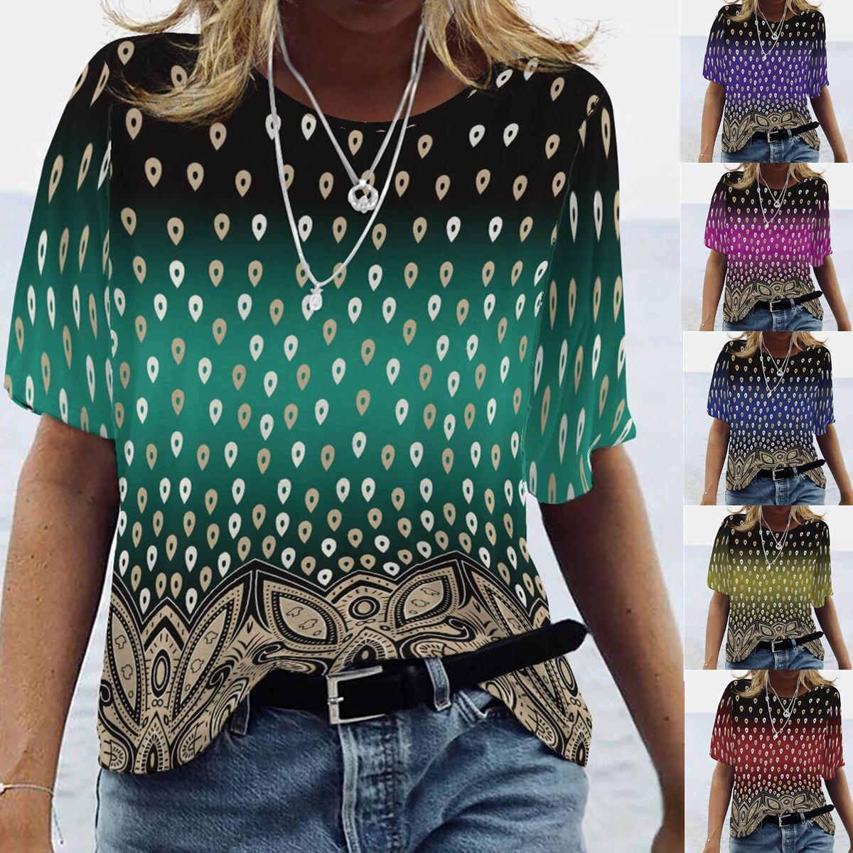 

Лето Новая Мода Женская принтовая круглая шея с коротким рукавом Повседневный плюс Размер Футболка S-2XL