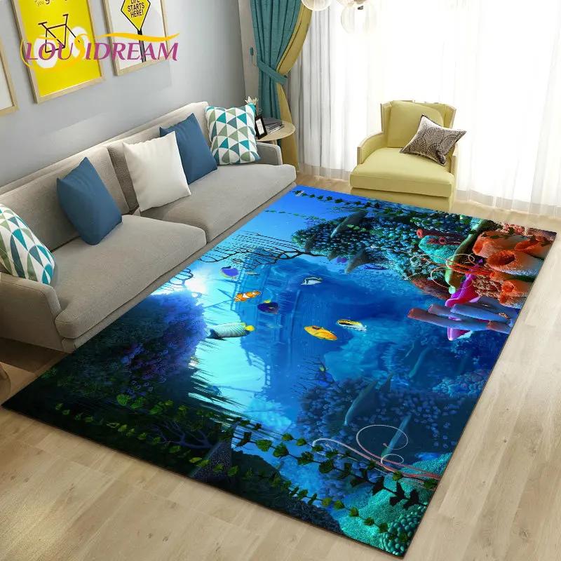 3D illusion Underwater World Seabed Dolphin Shark Area Rug ,Carpet Rug for Living Room Bedroom Sofa Doormat Non-slip Floor Mat