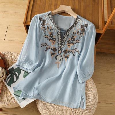 Women's Artistic Embroidered V-Neck Cotton Linen Top - Casual, Loose Fit, Slimming Short Sleeve