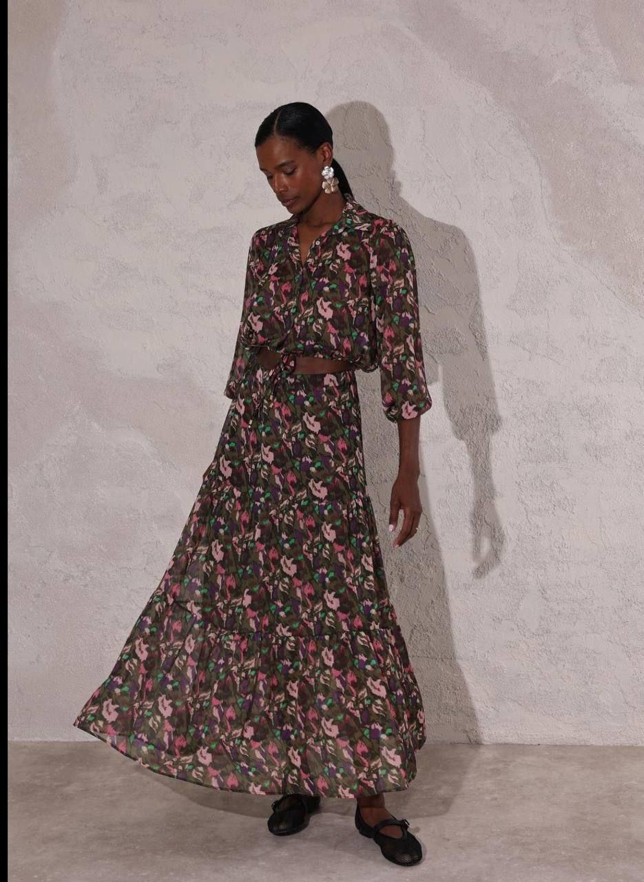 

Комплект длинного платья с цветочным принтом S коричневый