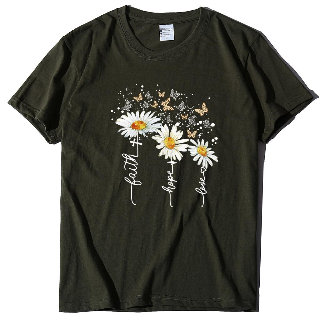 Ležérní tričko s potiskem chryzantémy a motýlů, letní top s krátkým rukávem z čisté bavlny s kulatým výstřihem, dámské