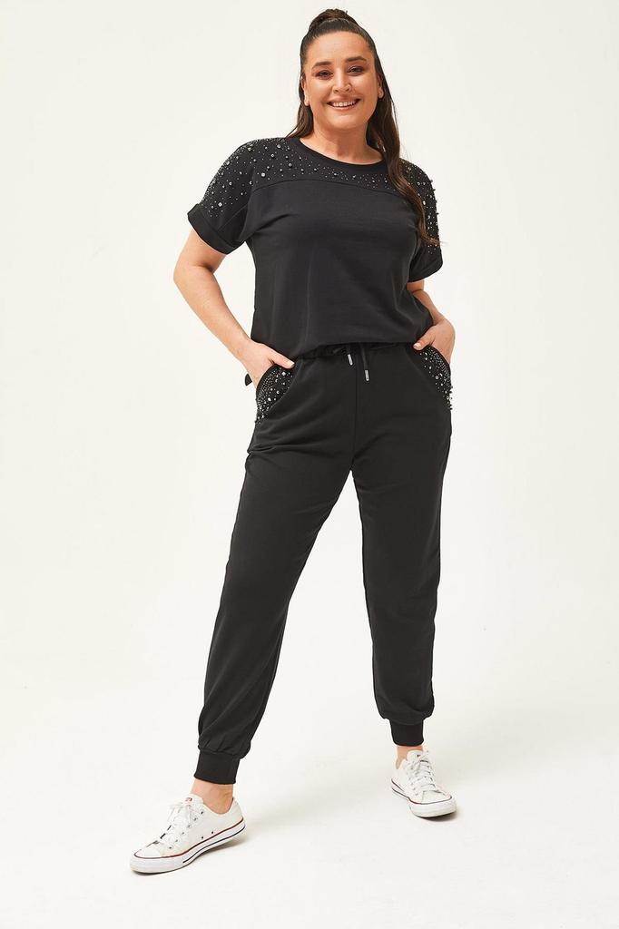 Set de trening de marime mari la moda pentru dama Set de trening de vara verde cu maneca scurta, detaliat cu piatra si margele