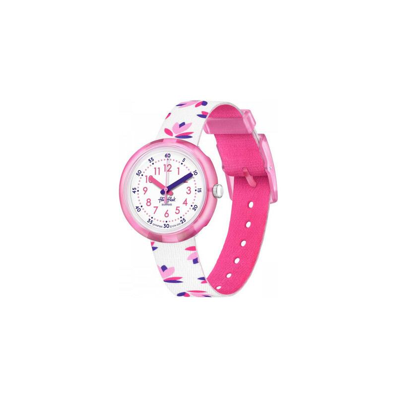 Swatch Flik Flak Feifei Serie Quarzwerk 30 Meter wasserdicht Kinder Schweizer Uhr 31,85*35mm weißes Zifferblatt Kunststoffgehäuse Stoffarmband ZFPNP095