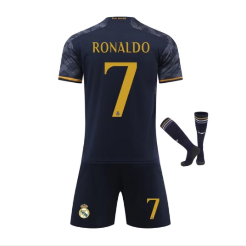 Dětský fotbalový dresový set Real Madrid Ronaldo, Černý, Polyesterový fotbalový komplet pro mladistvý trénink a zápas