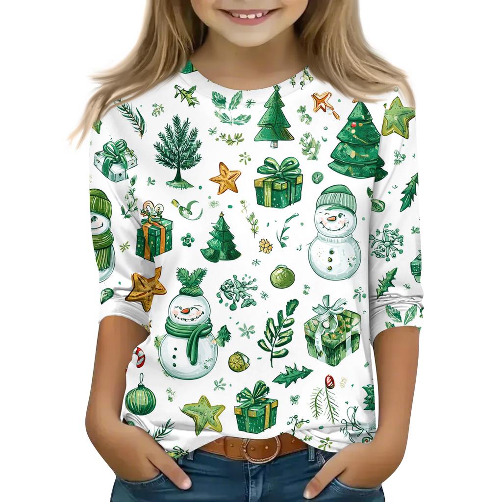 Children's 3/4 Sleeve Round Neck Top Christmas Tree Printed Everyday Casual Top