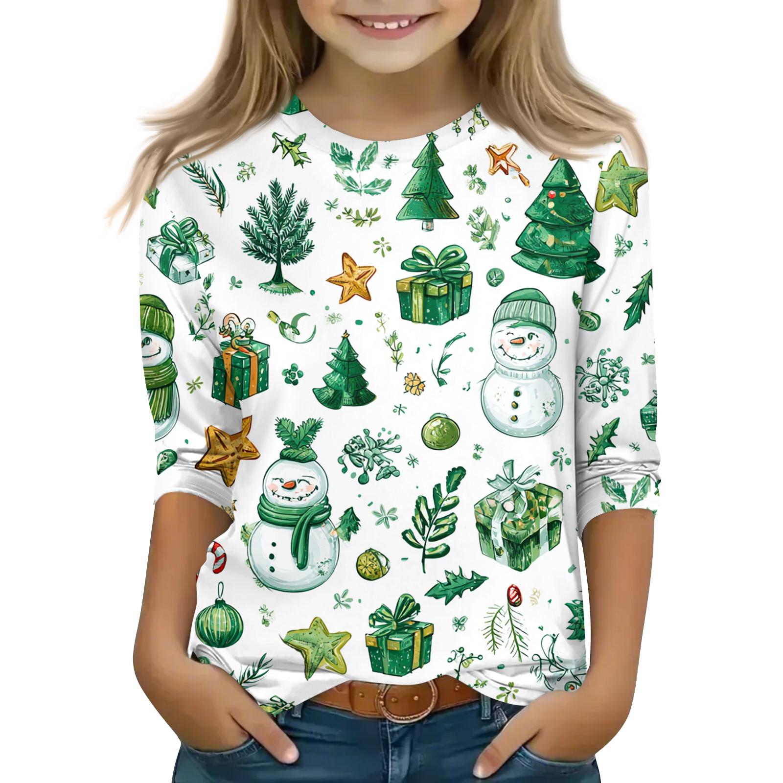 

Children s 3/4 Sleeve Round Neck Top Christmas Tree Printed Everyday Casual Top 130 зелёный