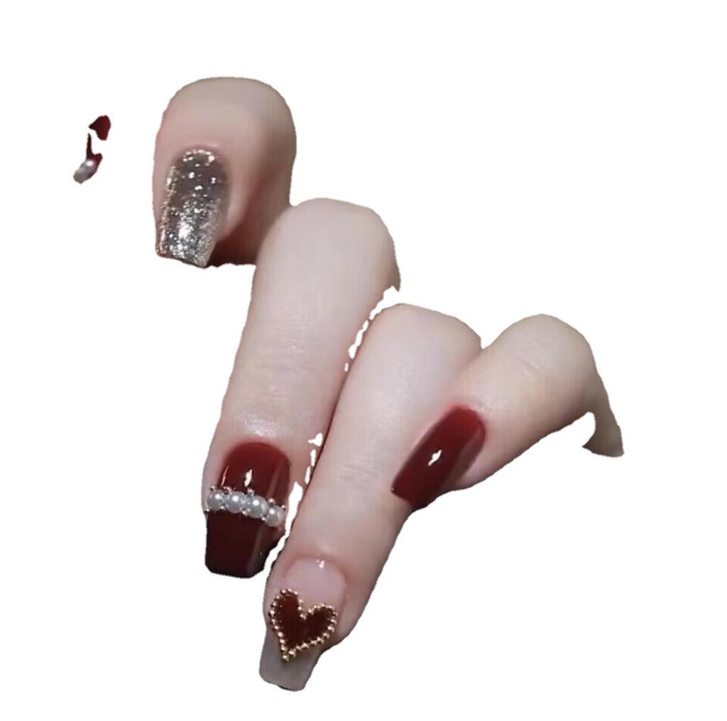 Pure Hand-made Phototherapy Wear Nail Tablets Burgundy Love Wear Nail Finished Product Reusable Nail Patches