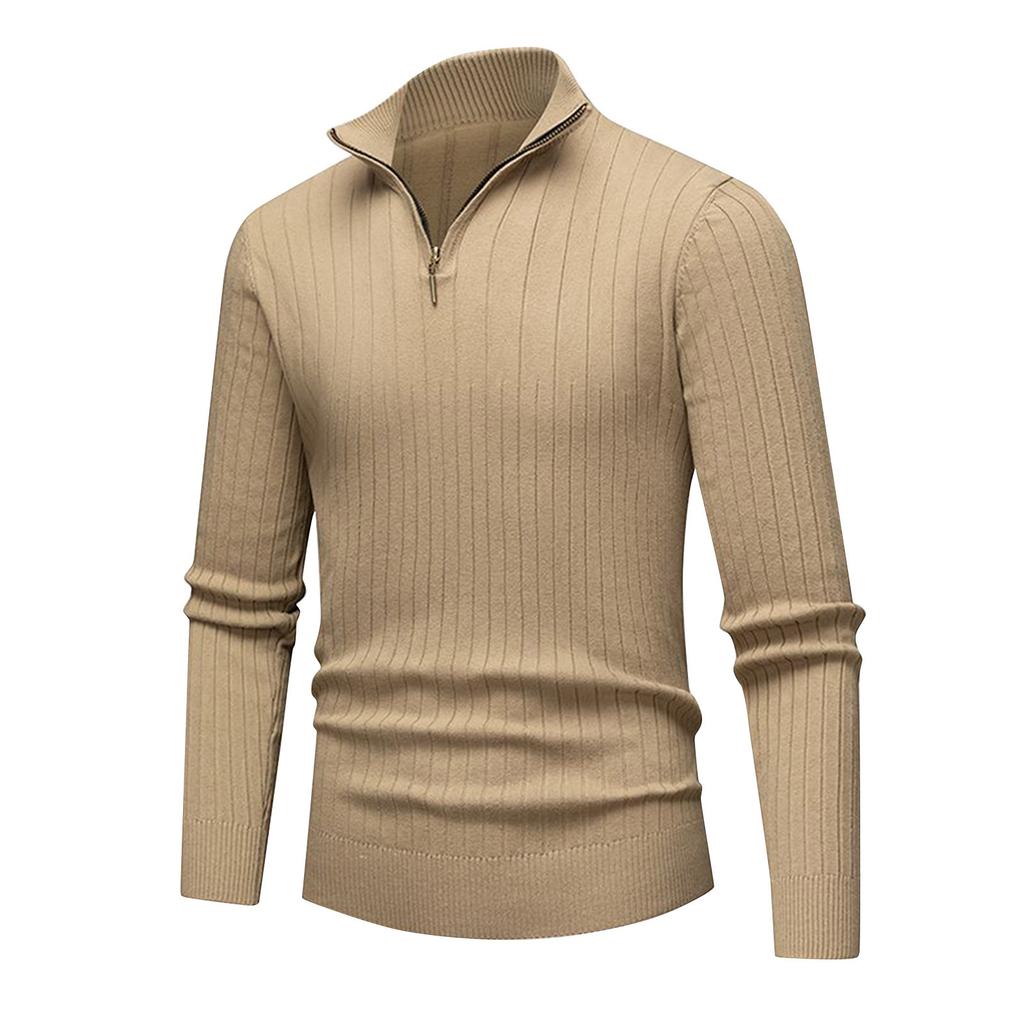 Men's Solid Color Knitted Zipper Stand Collar Long Sleeve Top Men's Casual Fashion Long Sleeve Top