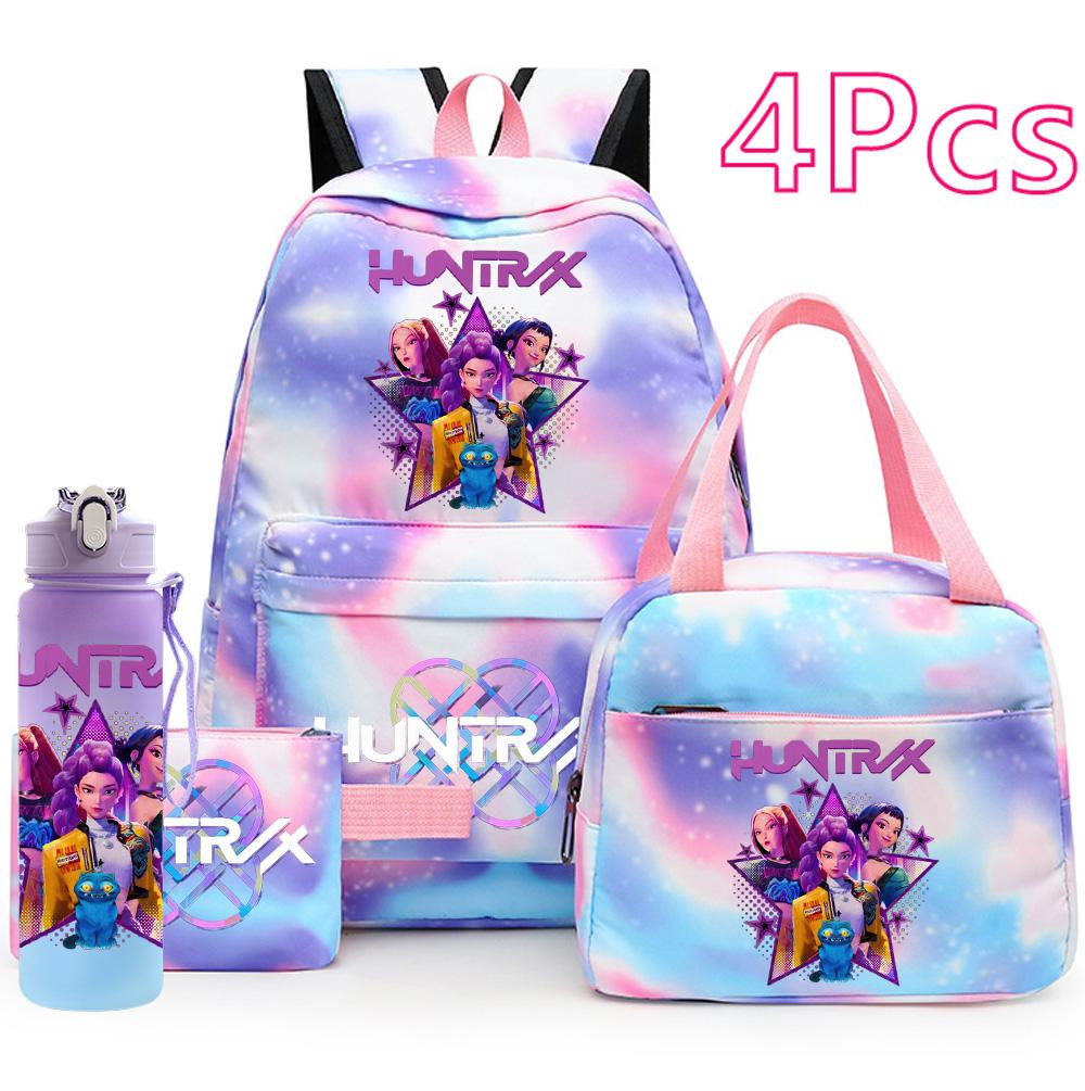 4Pcs/set Anime K-Pop Printed Backpack Handbag Pencil Case with 750Ml Water Bottler for Teenager Boy Girl Schoolbag Large Capacity Waterproof Bookbag