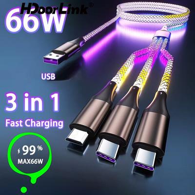 HdooLink RGB 66W 6A Fast Charging Cable 3 In 1 Type C/Micro USB/Linghtning Cable Colorful Car Charging Cord For iPhone Xiaomi Charger USB Cable