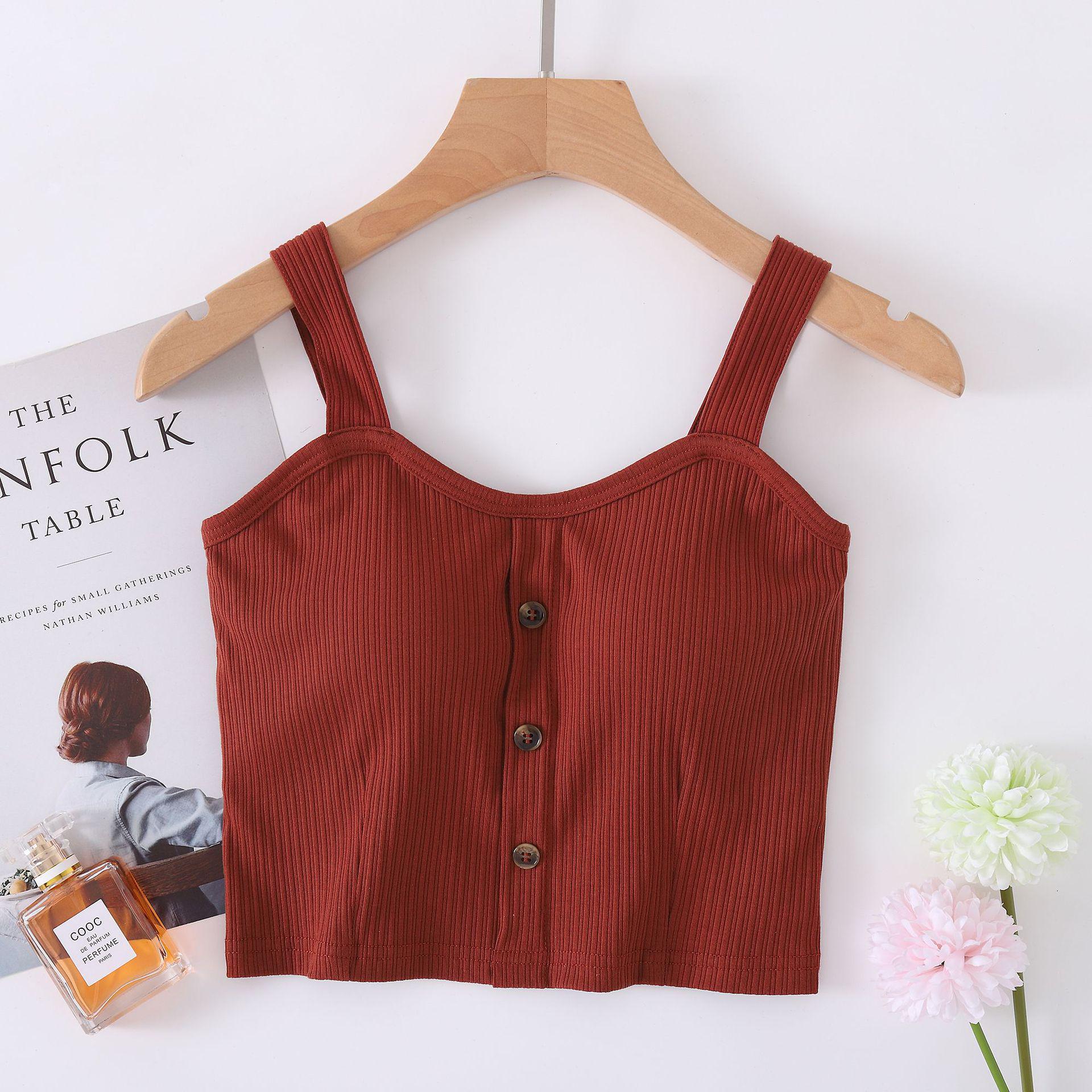 

Women s Summer Crop Top: Cotton, Integrated Chest Pads, Wide Straps, Button-Up Style. Extra Large