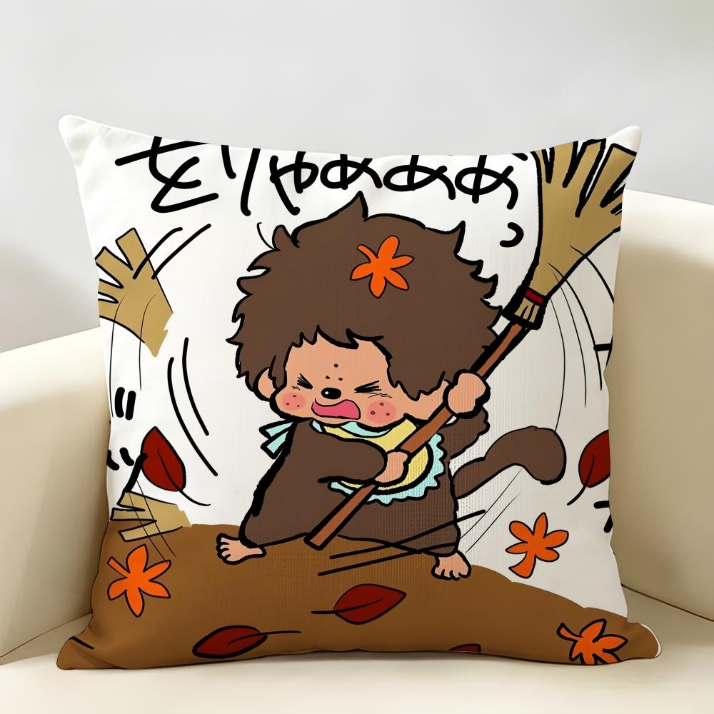 MMonchhichi Cute Cushion Cover Natural Linen Organic Fabric DoubleSided Printing Room Sofa Decor Pillow Case