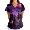 Women's Halloween Print Scrub Top V Neck Short Sleeve with Pockets Loose Fit