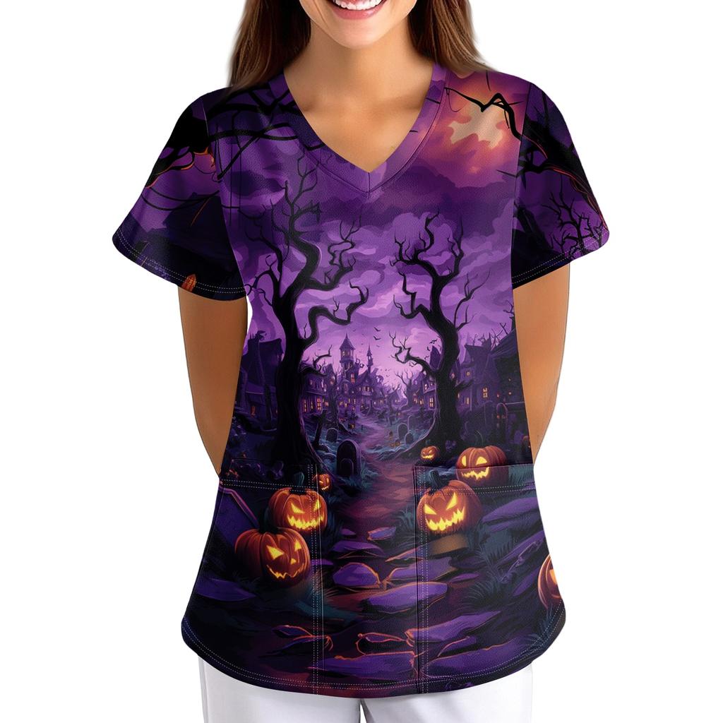 Women's Halloween Print Scrub Top V Neck Short Sleeve with Pockets Loose Fit