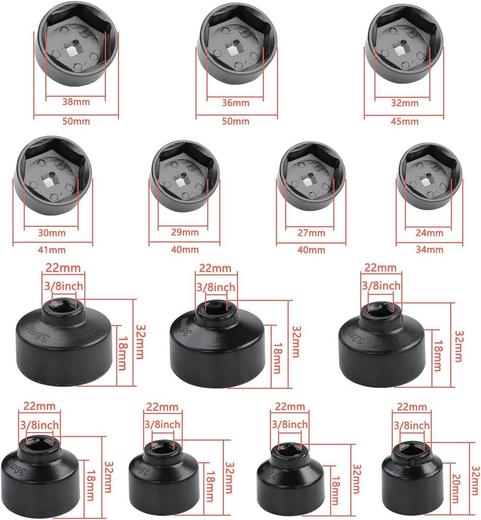 Oil filter wrench, fuel filter removal tool compatible with various vehicles, including 24 27 29 30 32 36 38mm oil canister socket - 7 pack