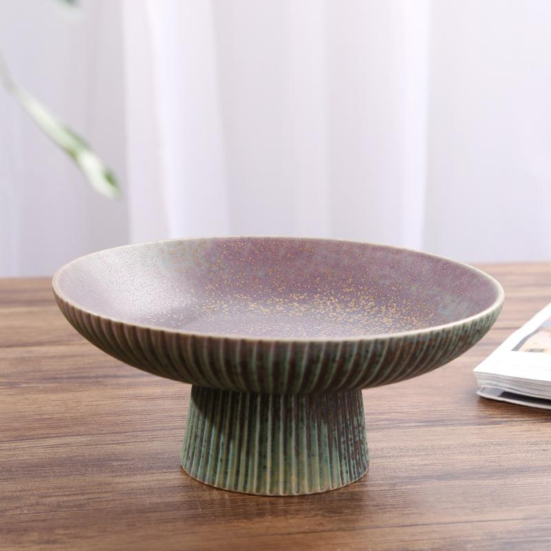 Chinese Retro Glazed Ceramic Plate High Foot Fruit Dish Japanese Zen Tea Tray for Home