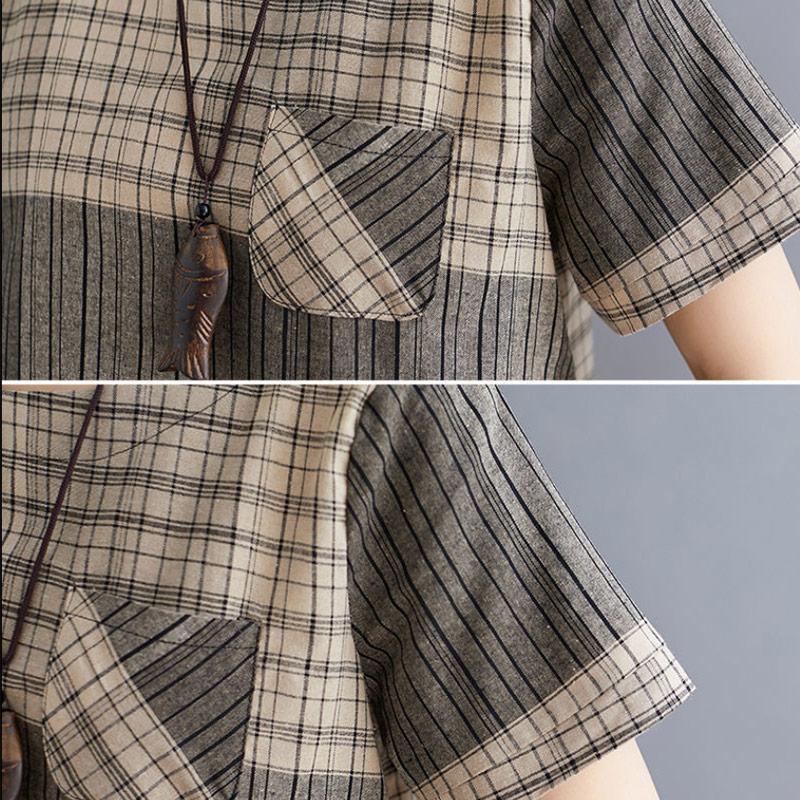 Cotton Linen Retro Literary Top Summer Plaid Loose Girls T-shirt All-match Fashion Short-sleeved Gown