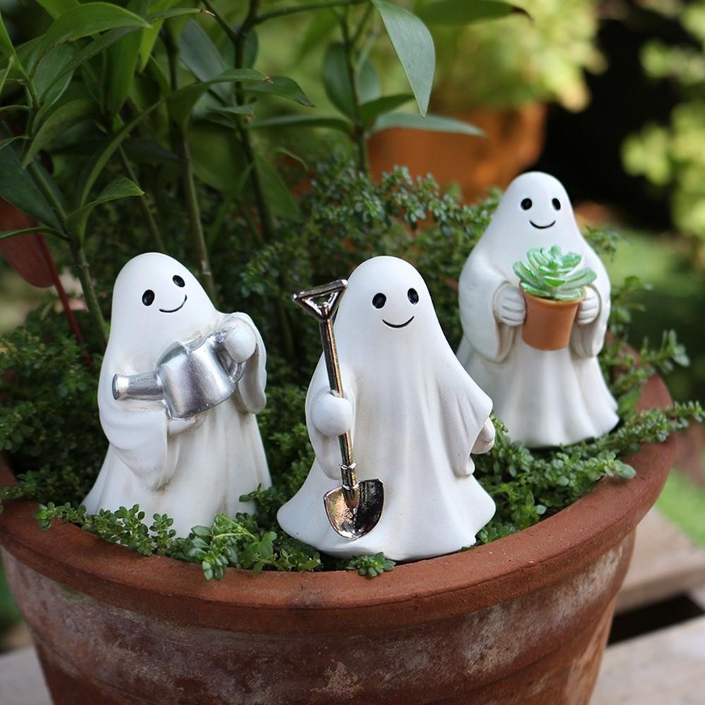3pcs Cute Design Ghost Ornaments Spooky Style Resin Material Halloween Ghost Figurines Cartoon Shape Resin Gardening Statue