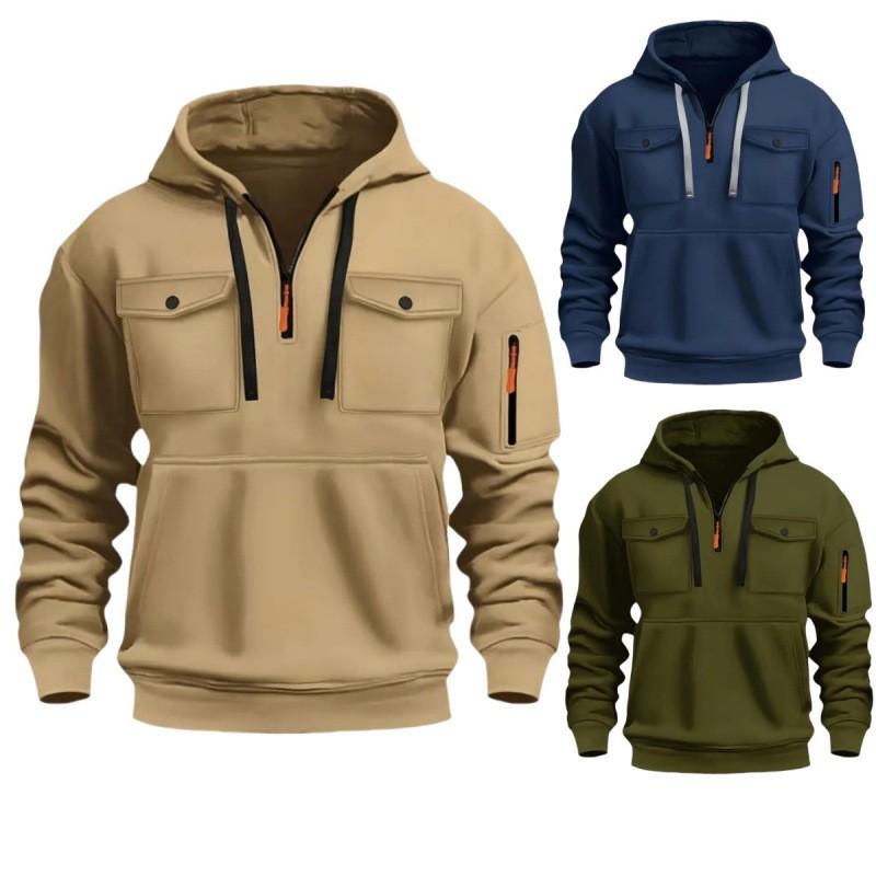 Mens Winter Warm Fleece Lined Hooded Pullover Sweatshirt With Zipper V-Neck Loose Fit Casual Sportswear