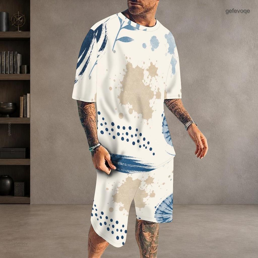 Men Plus Size Colorful Printed Round Neck Short Sleeve Top And Pocket Shorts Two Piece Set
