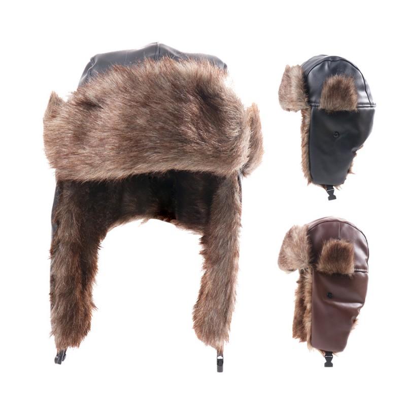 Unisex Winter PU Faux Leather Beanie Hat With Ear Protection Warm Thick Lined Ski Cap Foldable Streetwear Style