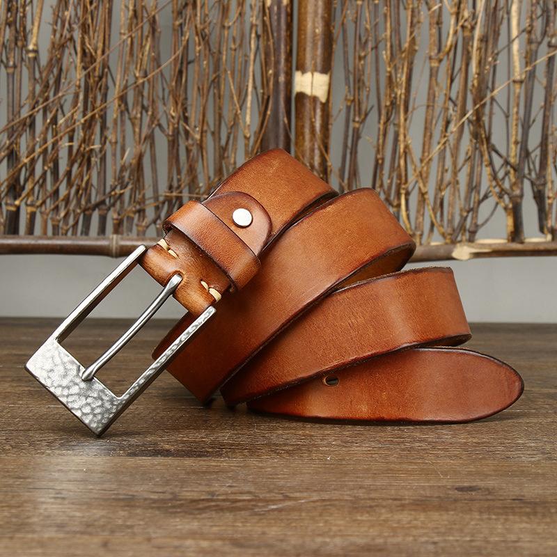 Bold And Thickened Hammer Pattern Stainless Steel Button Head Belt, Men'S Genuine Leather First Layer Cowhide Trendy Versatile Denim Belt