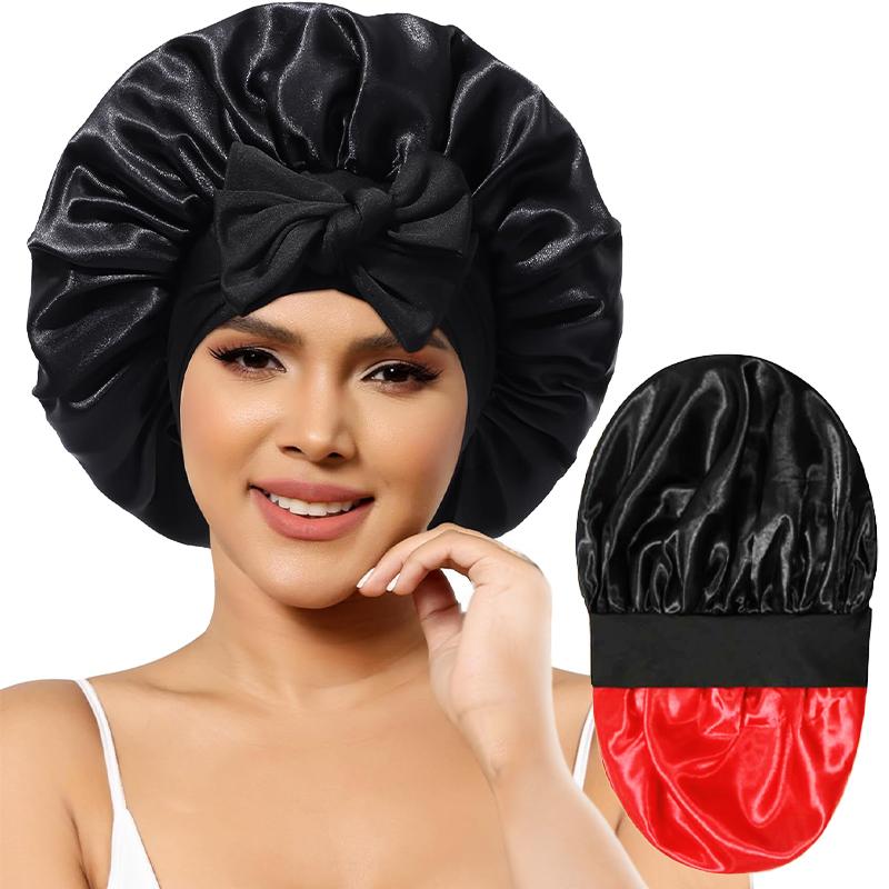 New Elegant Satin Lined Bonnet Double Layered Ribbon Round Hat Wide Brimmed Bath Hat Black Sleep Cap for Women Curly Hair
