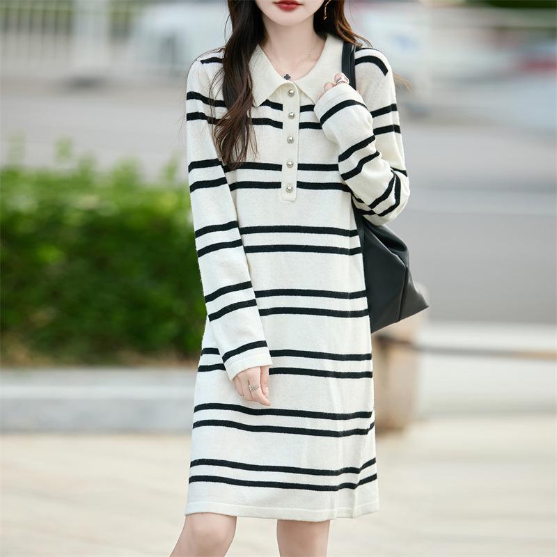 Women's Striped Wool Knit Sweater Dress with Half-Open Button-Up Polo Collar