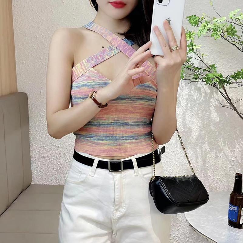 Lato Nowy Design Zmysłowe Spice Girls Krzyżowy Halter Tęcza Wysoki Stan Kamizelka Bluzka