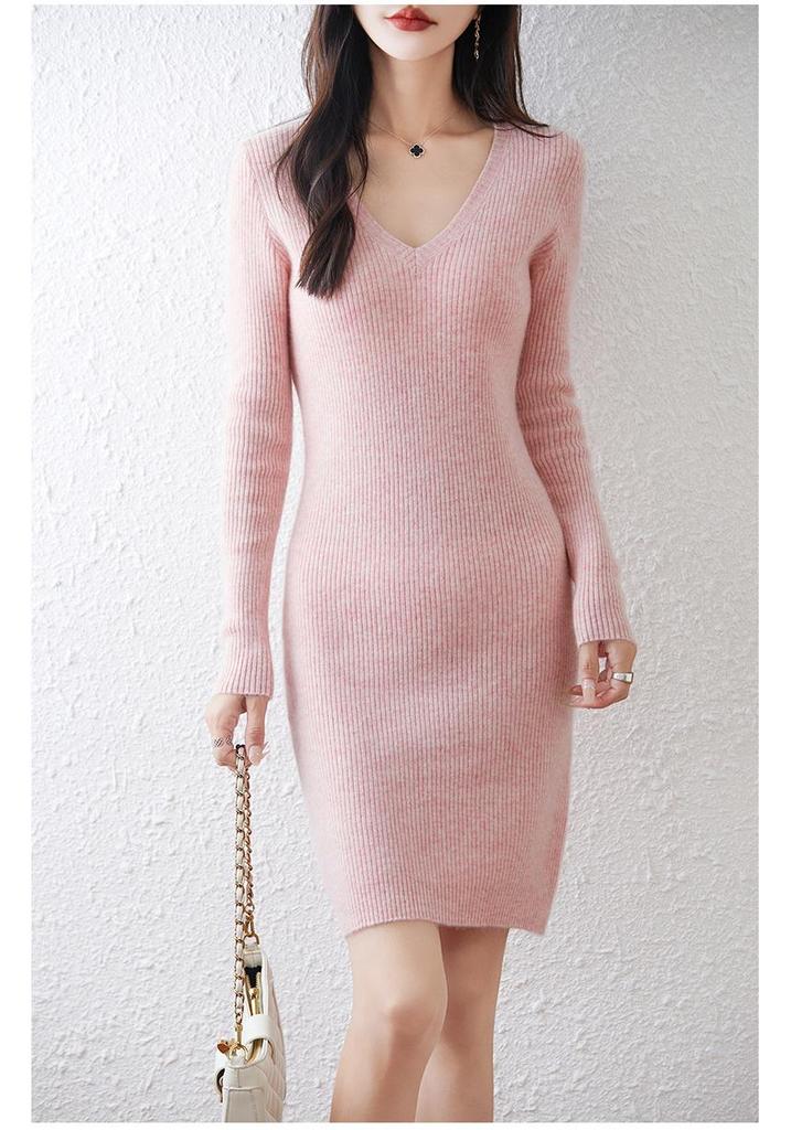 Women's Mid-Length V-Neck Pure Wool Ribbed Dress - Autumn/Winter Slim-Fit, Waist-Cinched, Versatile Knitted Base Layer.