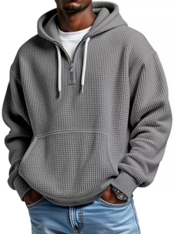 European Heavyweight Waffle Long Sleeve Hooded Sweatshirt - Men's Loose Fit, Pure Color, Casual Style