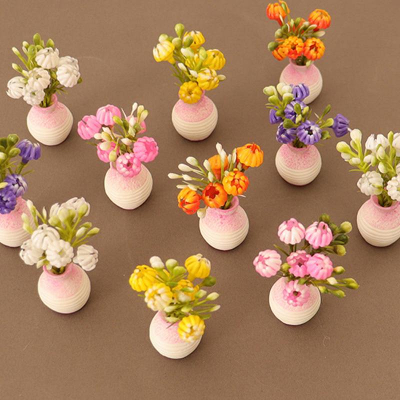1 Piece 1:12 Dollhouse Miniature Plastic Simulation Colorful Floral Plants Potted Outdoor Doll House Model Diy Accessories