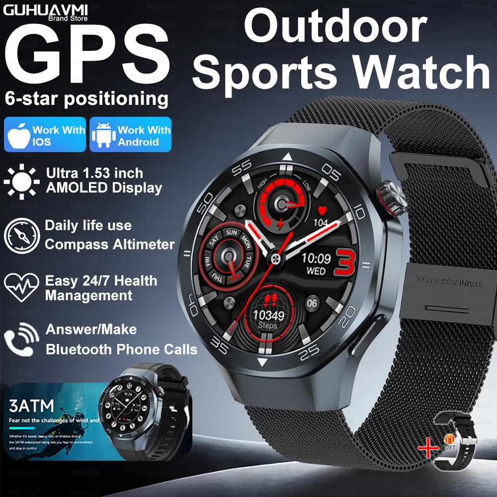 New GPS Position Smart Watch Men 1.53'' AMOLED HD Screen Compass Heart Rate 3ATM Waterproof Call Sports Business Smart Watch