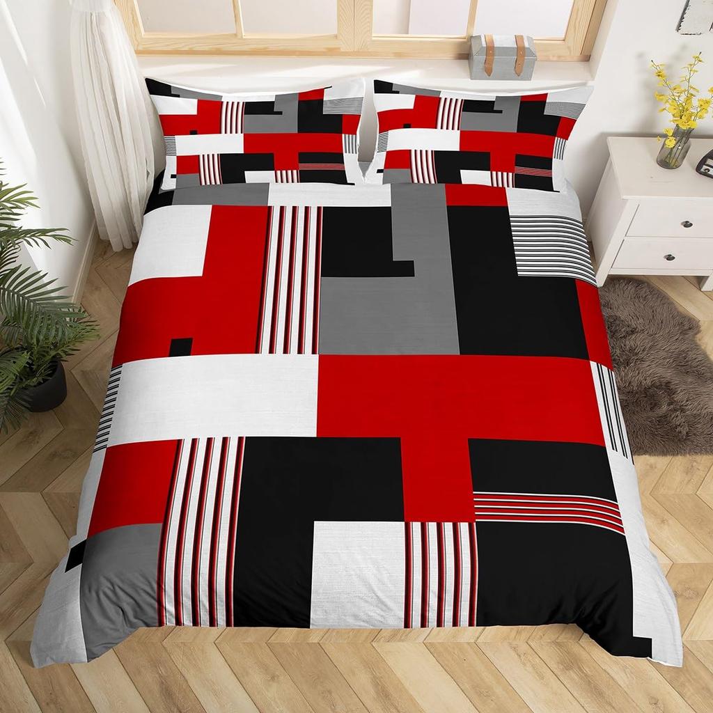 Feelyou Geometrisches Bettwäsche-Set Queen-Size Grün Schwarz Grau Bettbezug-Set für Jungen Mädchen Teenager Rechteck Quadrat Bettbezug Modern Abstrakt