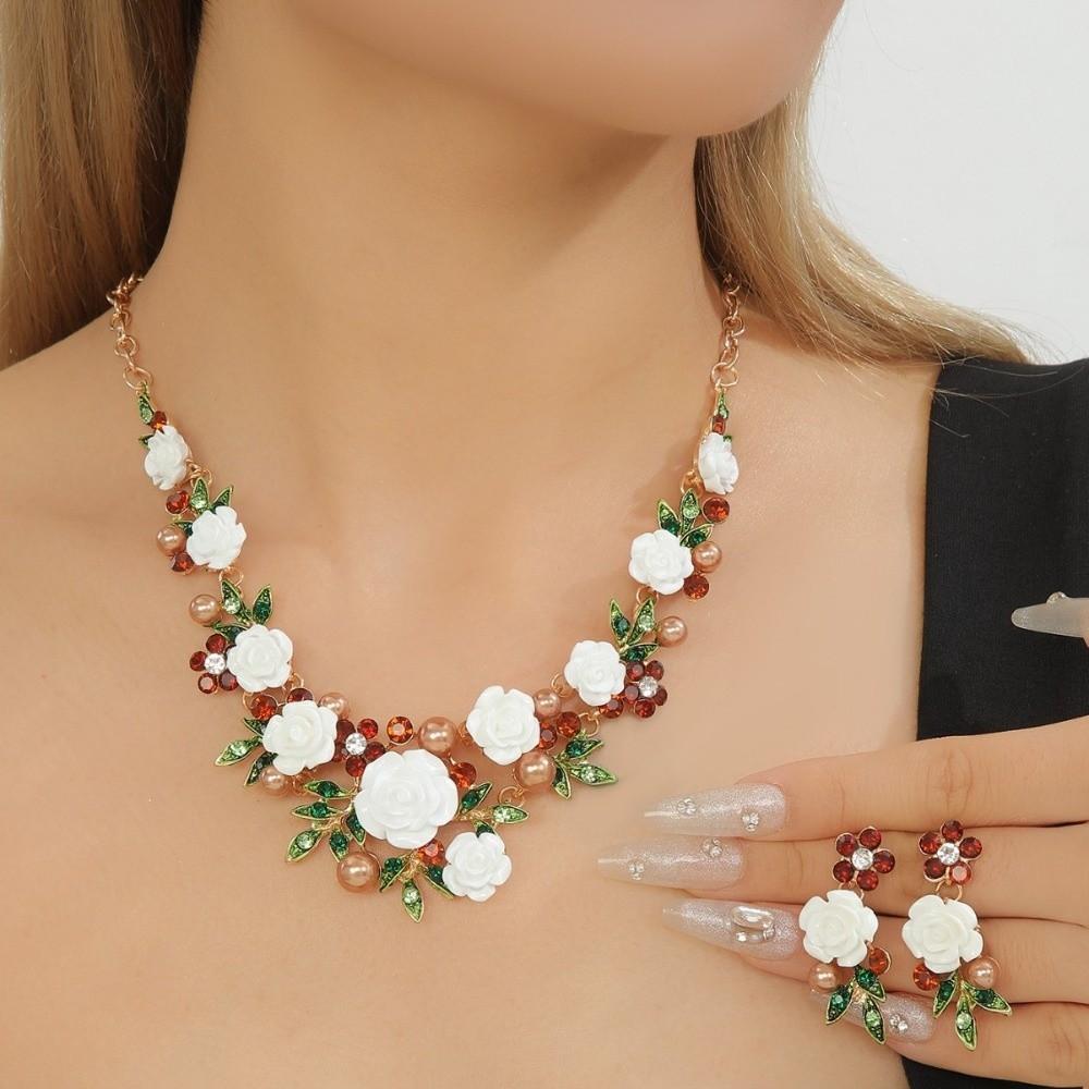 1 Set Multicolor Flowers Crystal Jewelry Set Enamel Pearl Necklace Earrings Set Exquisite Luxury Bridal Jewelry Set Banquet