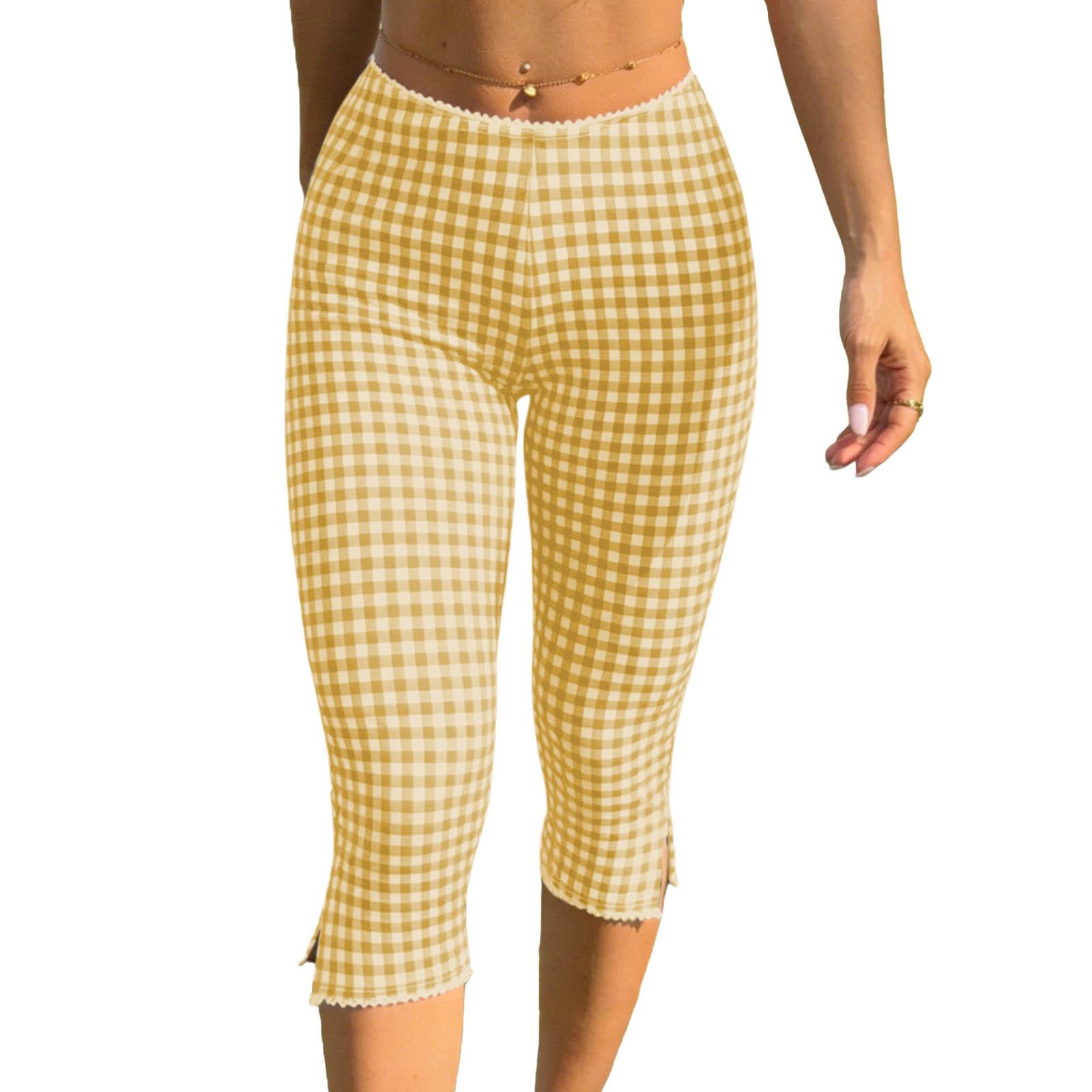 

Women s Fashion Check Print Ruffle Split Casual Seven-Eighths 7/10 Pants XL жовтий