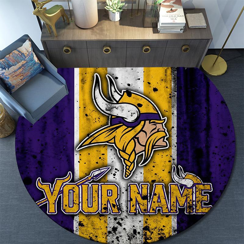 Custom Name Minnesota Vikings2 Round Area Rug,Carpet Rug for Living Room Bedroom Sofa Playroom Decor,Non-slip Floor Mat