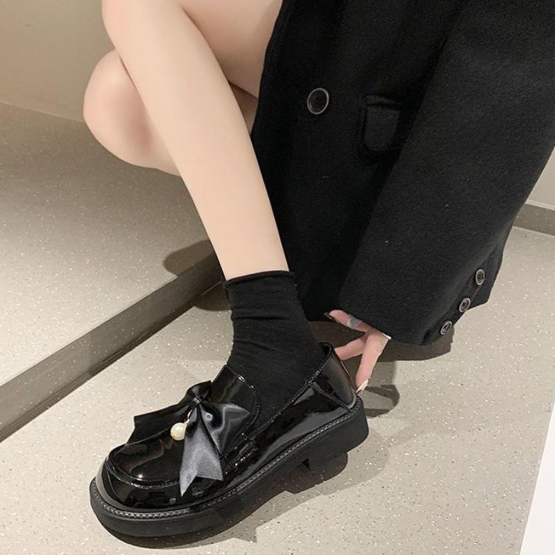 Black Round Toe Loafers Shoes for Women With Bow Low Heel Elegant Woman Pumps High Quality 39 Chic Point Popular Young Y2k Shoe